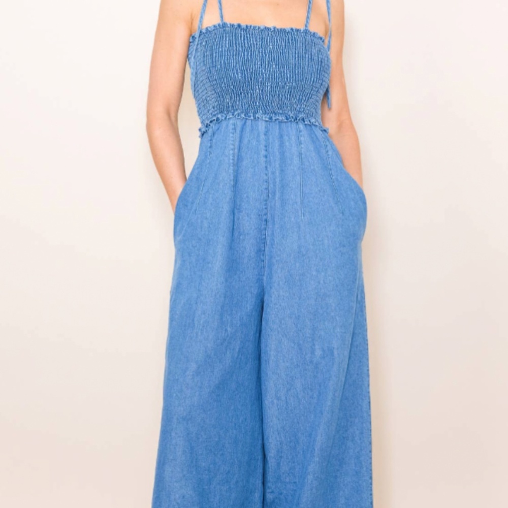 Smocked  Denim Jumpsuit